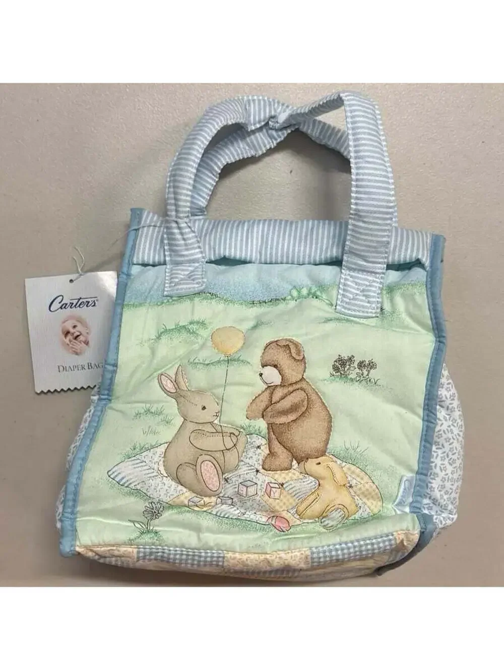 NWT 80s 90s Vintage Carter’s Baby Diaper Bag Light Green Gingham Rabbit Bear